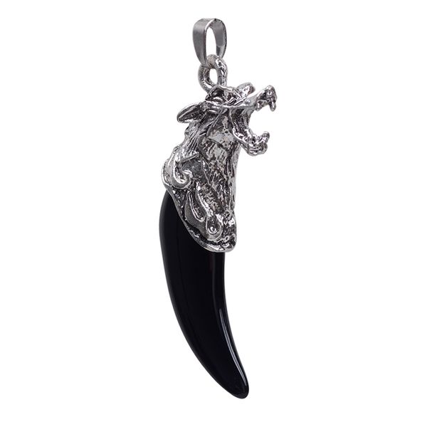 

black resin tooth shape pendant necklace stainless steel chain biker mens fashion, Silver