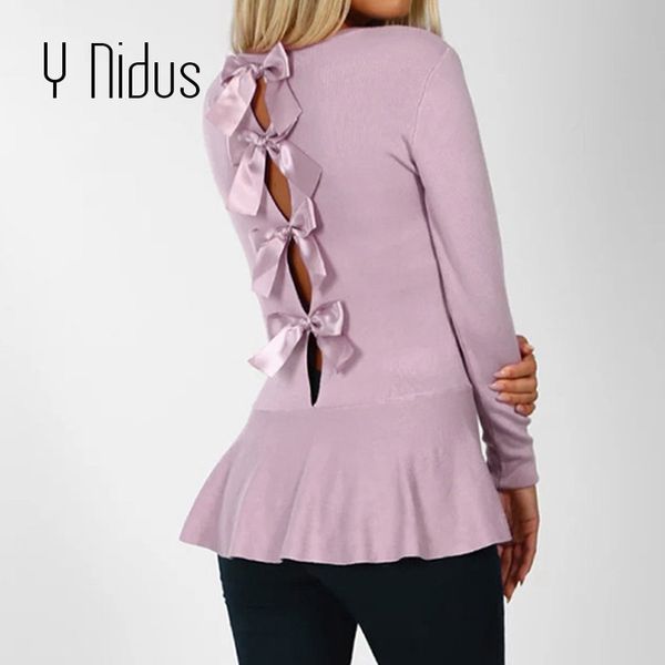 

blouse women's shirt spring 2019 long sleeve o-neck soft knitwear ladies back bow holes ruffles blouses feminina femme, White