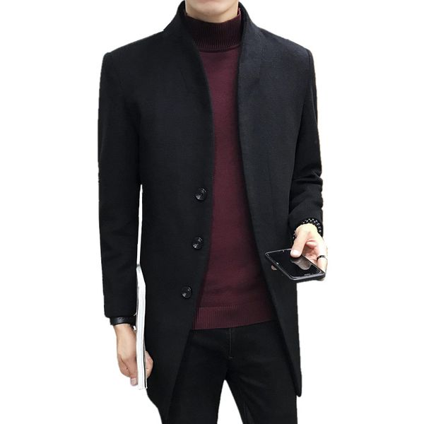 

2018 autumn winter fashion new men's casual woolen windbreaker / men's solid color wool blends coat trench jacket, Black