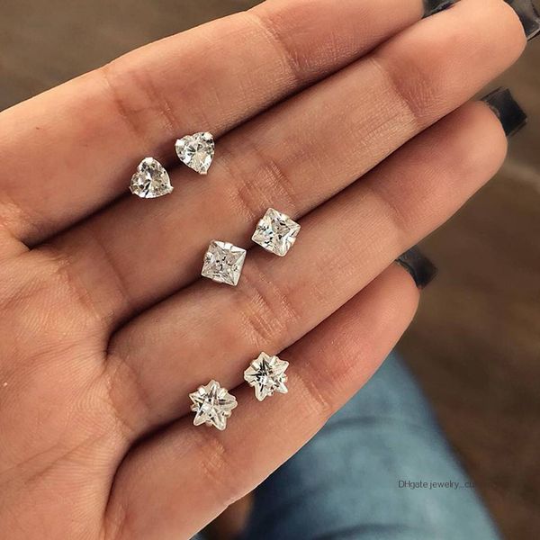 

6 Pcs/set Women Fashion Simple Stars Heart Square Crystal Silver Earrings Set Wedding Party Jewelry Accessories