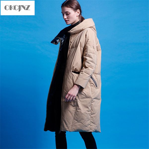 

2018 autumn winter new color contrast women down jacket loose straight hooded white duck down long female coat yy139, Black