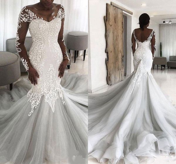 

2020 african lace mermaid wedding dresses plus size sheer long sleeves bridal gowns court train backless vestidos de novia, White