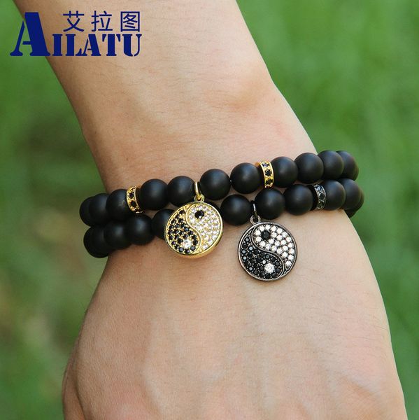 

ailatu new design micro paved zircon yingyang tai chi beads bracelet 8mm black matte onyx stone china style, Golden;silver
