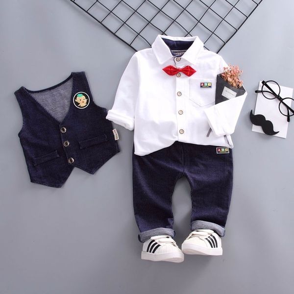 

spring autumn children baby boys gentleman clothes toddler vest bow shirt pants tie 3pcs/sets infant clothing kids leisure suits, White