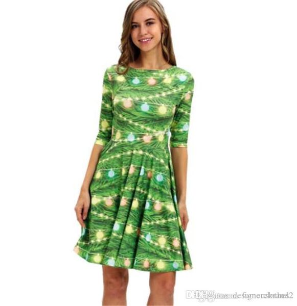 

christmas 3d printed dress seven sleeved skirt crew neck middle sleeve loose dresses ladies casual dress, Black;gray