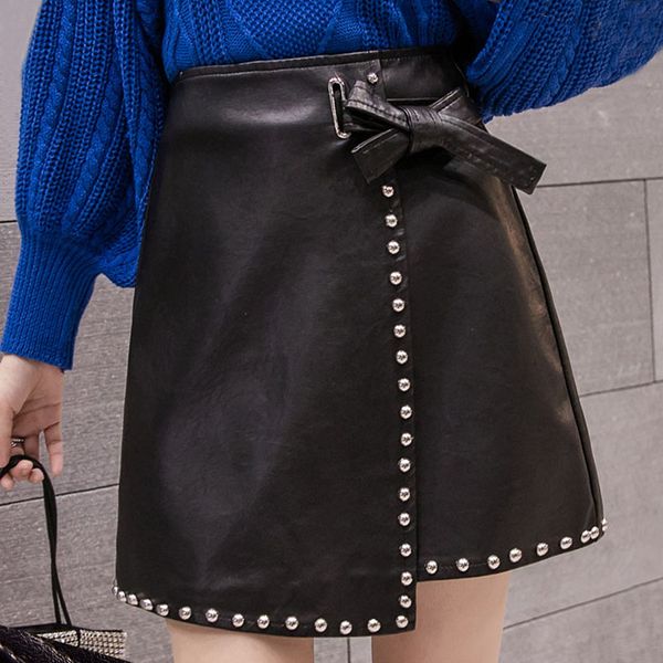 

rivet tie faux leather skirt women pocket belt 2020 zipper a -line high waist skirts solid color leather black skirt faldas