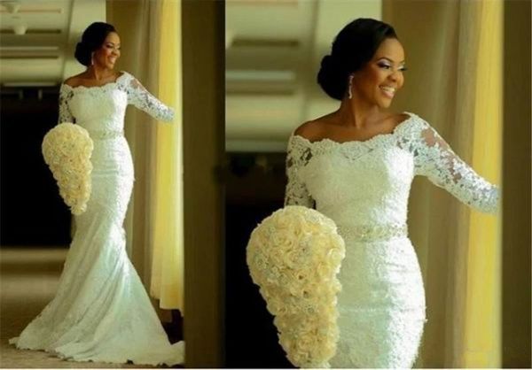 

african lace mermaid wedding dresses 2019 selling new custom sweep train beads sash 3/4 long sleeve off-the-shoulder bridal gowns w752, White