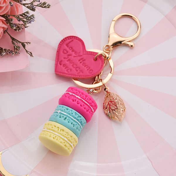 

women new macaron cake keychain pu love alloy leaf key chain charm bag pendant key ring party gift jewelry, Silver