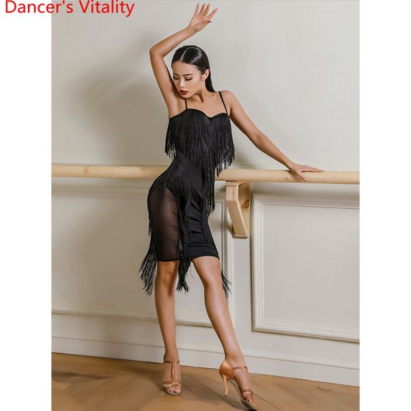 

women classical latin dance tassel sleeveless dress with chest pad rumba samba tango dancing competition performance cloth, Black;red