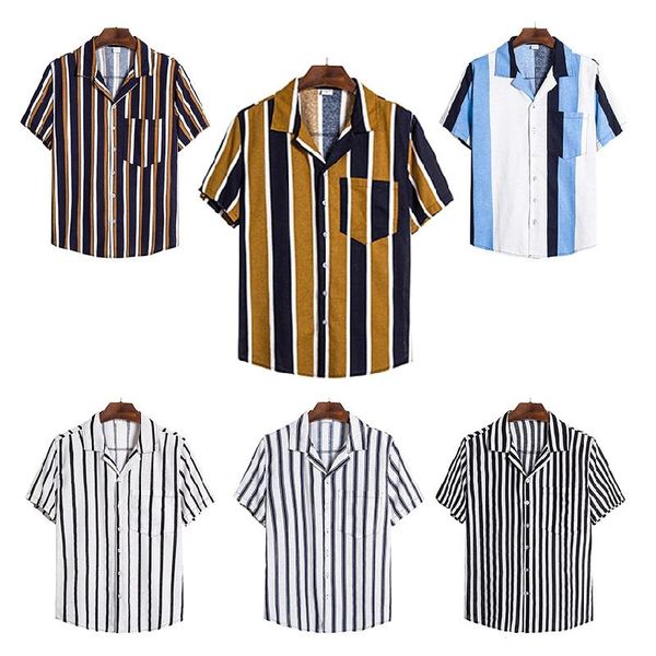 

2020 summer men shirt pocket short sleeve turn-down collar multi color stripe lump chest round hem loose shirts chemise homme, White;black