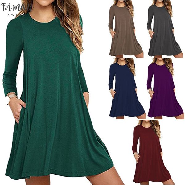 

женщины моды с длинным рукавом pure color тонкий хлопок платья осень сыпучие повседневный плюс размер платья с длинным рукавом основные коро, Black;gray