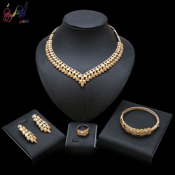 

yulaili fashion cute small leaf shaped gold plated necklace earrings bracelet ring indian jewelry sets for women wedding party daily wear, Black