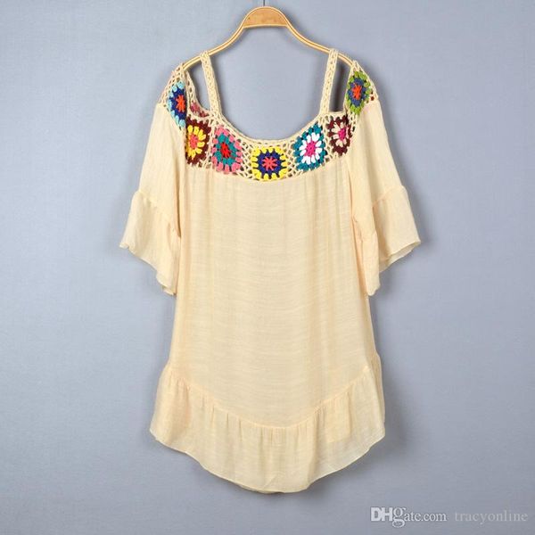 

новое прибытие весна лето богемной пляж свободный большой размер короткий рукав от плеча рукавчики длинные женщины блузка рубашки мужские 80, White