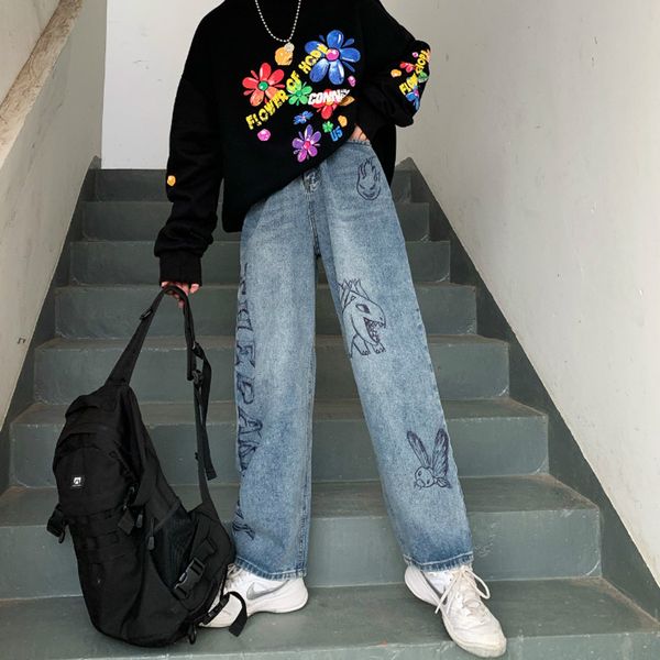 

harajuku jeans women vintage cartoon printed straight pants ins graffiti jeans loose high waist pants cotton female trousers, Blue