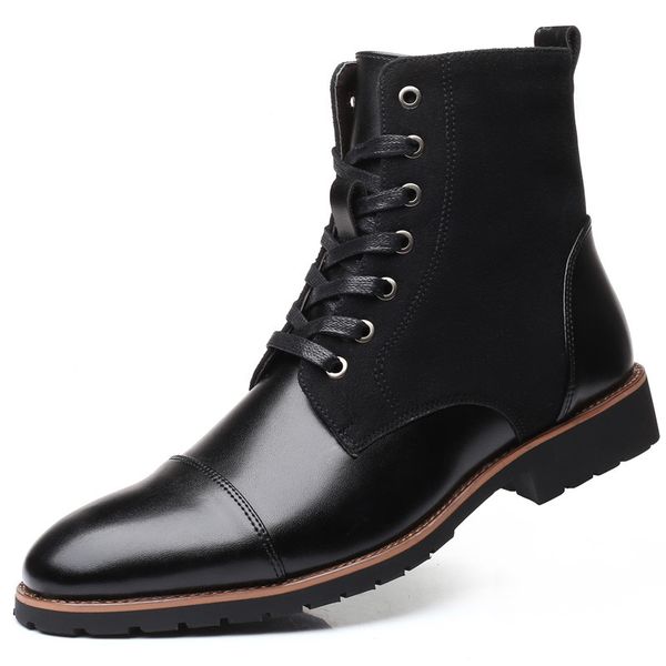 

winter men snow boots warm plush men boots pointed toe winter casual leather shoes men boots, Black
