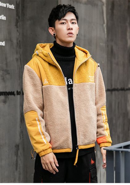 

panelled designer mens jackets contrast color long sleeve mens warm jackets loose winter hooded mens outerwear, Black;brown