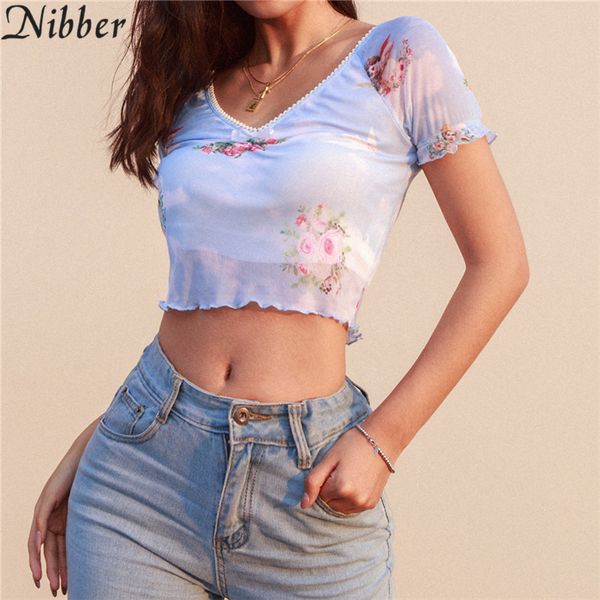 

nibber lovely cupid print mesh butterfly women's crop t-shirts fashion sweet elastic slim v-neck trend wild tees, White