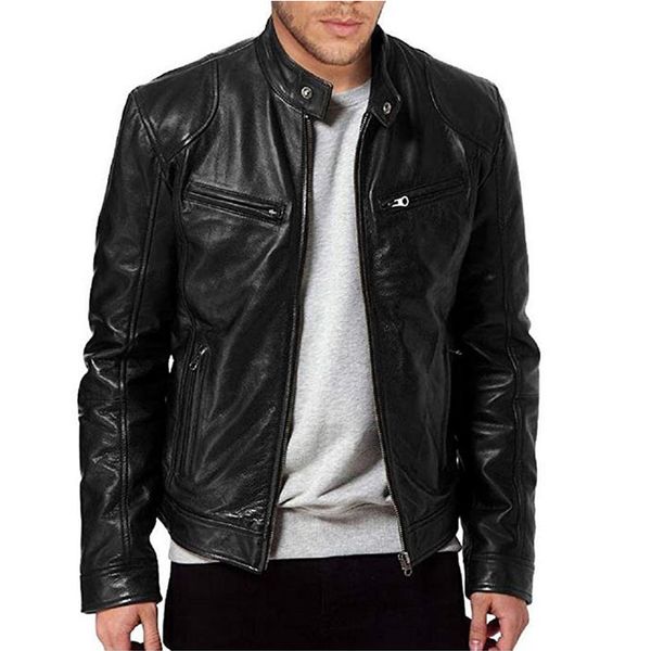 

meihuida men smart casual standing collar real genuine leather slim fit warm jacket coat cool motorcycle wear, Black;brown