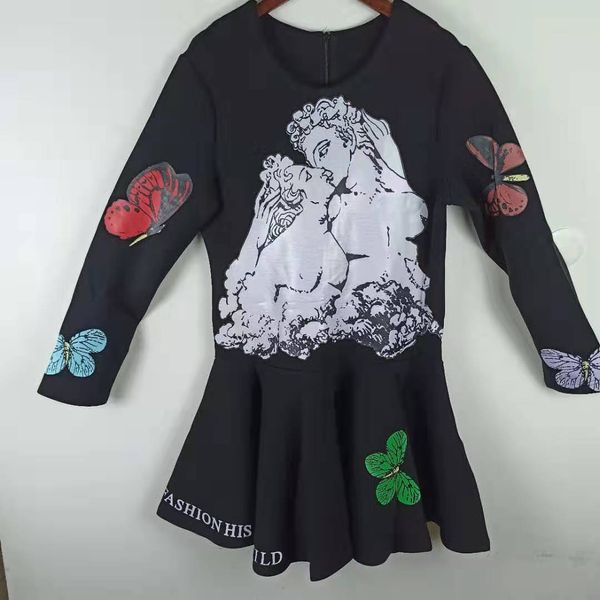 

2020 весна высокого класса длинный рукав оборками подшить сладкий платье женщин о-шее бабочка печати элегантная дама черные шикарные платья, Black;gray