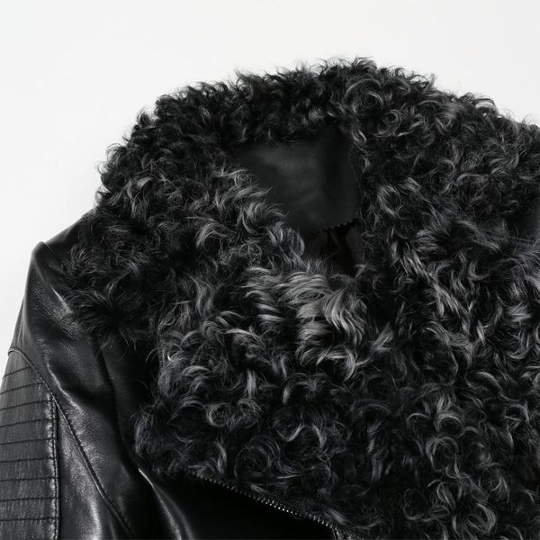 

2020 genuine leather women black punk bomber jacket ladies clothes real sheepskin wool fur collar autumn coats