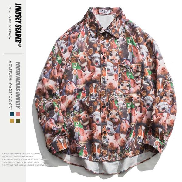 

lindsey seader funny cow pig sheep head face printed long sleeve blouse men 2020 harajuku shirt hip hop shirt for man camisa top, White;black