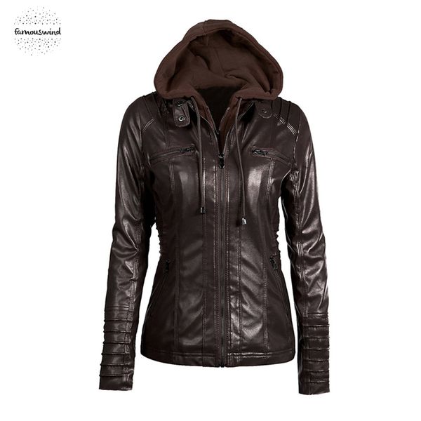 

women leather jacket black motor coat slim zipper casual parka girls work hooded brown pu winter jacket coats, Black;brown