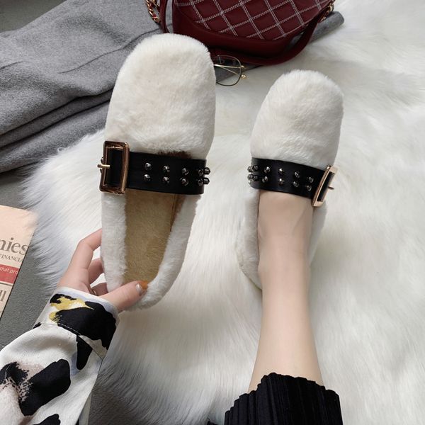 

autumn square toe shoes woman 2019 all-match elegant casual female sneakers shallow mouth rivets studs women loafers fur buckle, Black