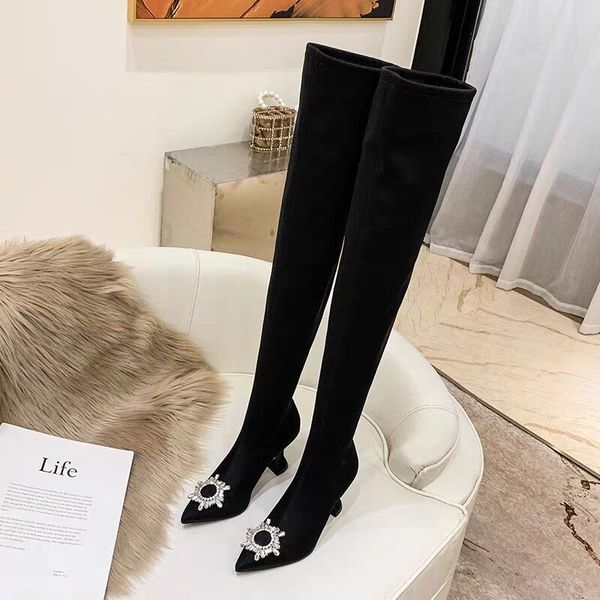 

elastic flock slim fit suede high heel over the knee boots women stretch suede boots  cm 10cm heel ladies sock, Black