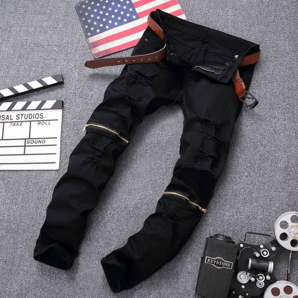 

men jeans pencil pants slim fit pencil pants vintage zipper denim distressed stretch ripped jeans 6colors, Blue