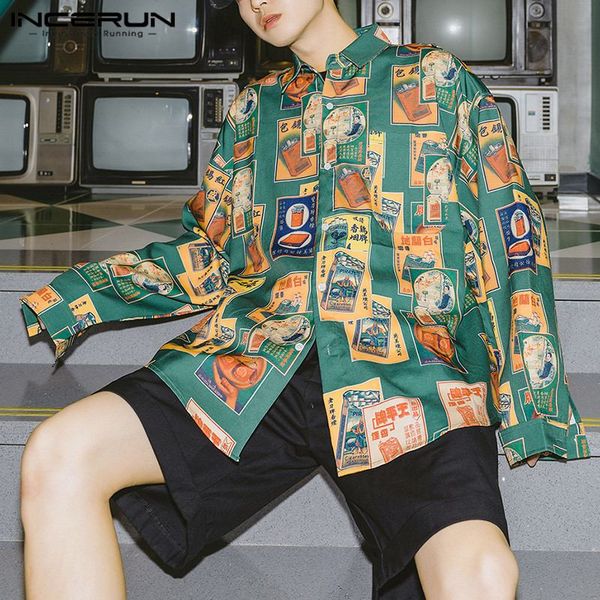 

fashion long sleeve men printing shirt lapel button brand 2019 loose camisa streetwear casual shirts men harajuku s-3xl incerun, White;black