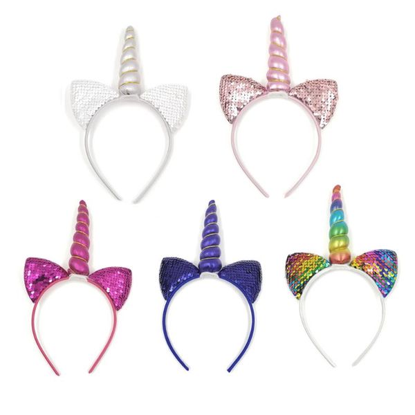 

children's headdress unicorn headband sequins bicolor fish scale cat ear headband baby hair accessories hair ties kids, Slivery;white