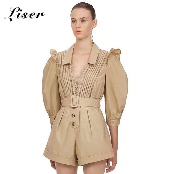 

liser 2020 new summer women playsuits puff sleeve v neck lace sashes playsuit bodycon club celebrity party plysuit vestidos, Black;white