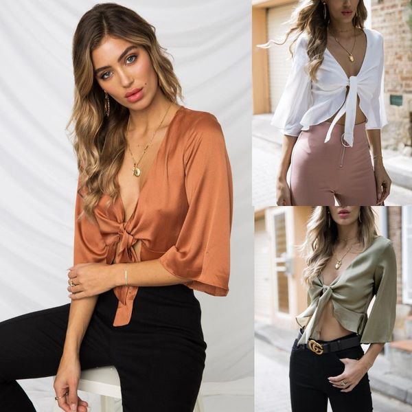 

2020 пляж стиль sweety bowknot шнуровке блузы regular половина рукава v-образным вырезом рубашки sexy голый животу женщин топы и блузки, White