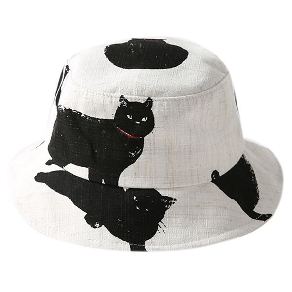 

graffiti cat basin cap korean casual wild outdoor japanese fisherman hat linen sun hat, Blue;gray