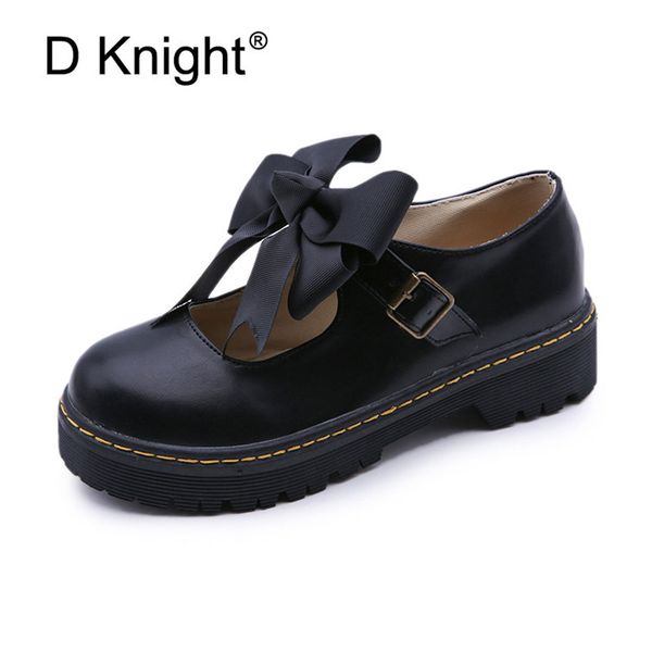 

japanese student lolita shoes college girl shoes commuter uniform pu leather woman loafers bow women oxfrod creepers, Black