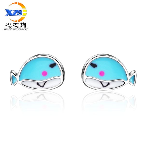 

small fresh blue whale stud earrings womens drop glaze design niche cold wind ear jewelry, Golden