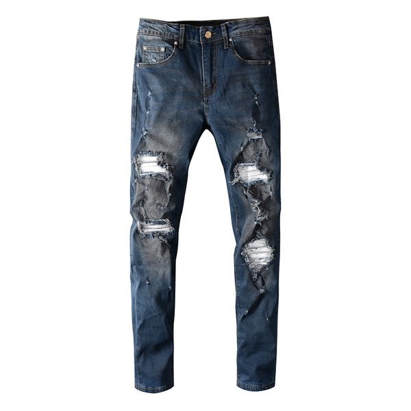 

mens ripped slim fit blue jeans fashion designer distressed skinny motorcycle biker hole beggar hip hop denim pants 621