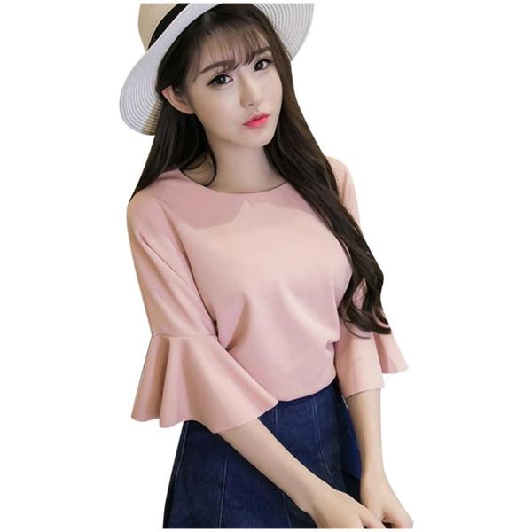 

female t-shirt 02020 fashion summer women half flare sleeve loose chiffon t shirt o neck tshirt #4, White