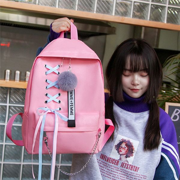 

puimentiua drop shipping 5pcs/set school bag for teenage solid backpack schoolbag women student bag lace bow bundle backpack