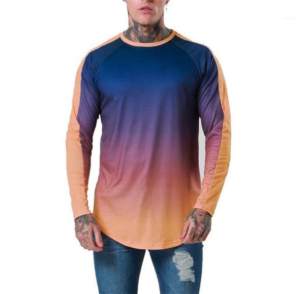 

designer tshirts man patchwork long sleeve o-neck tees men fashion contrast color slim mens gradient spring, White;black