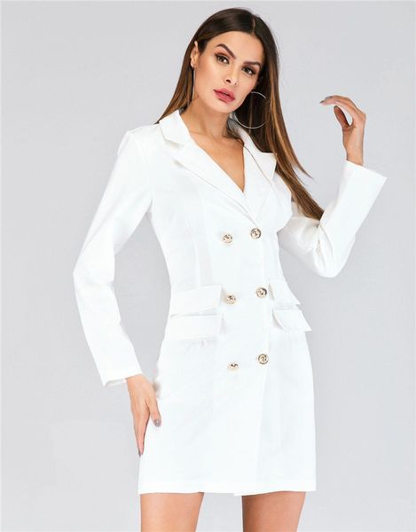 

women office lady work dress spring autumn v neck double breasted blazer dresses white black famale clothing, Black;gray