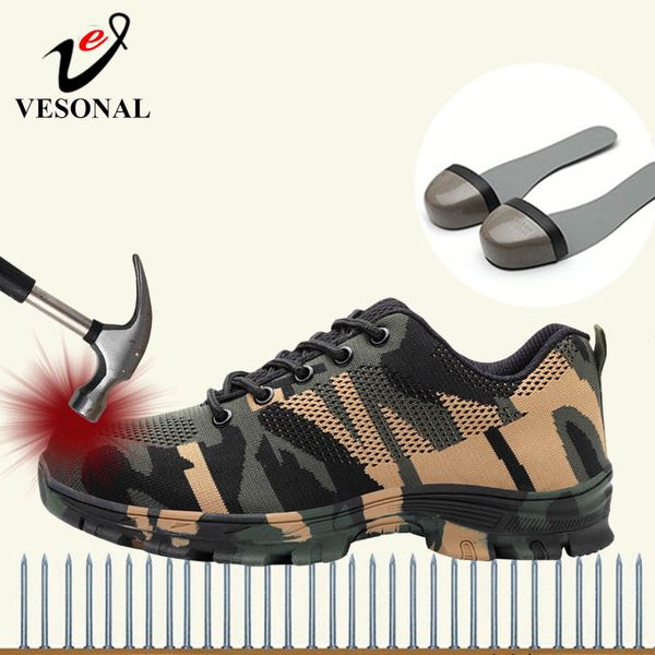 

vesonal work safety boot shoes men boos construction steel toe cap anti-smashing outdoor mesh sneakers casual walking camouflage, Black