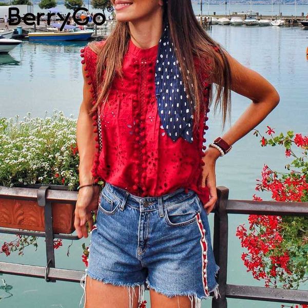 

berrygo elegant casual cotton women blouse shirt sleeveless summer tank shirts female embroidery tasssel red ladies blouses, White