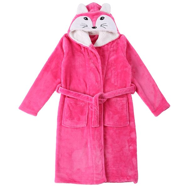 

winter flannel baby girl's bathrobes with pockets belt cartoon fox rabbit hooded children's bathrobe kid pajamas women sleepwear, Blue;red