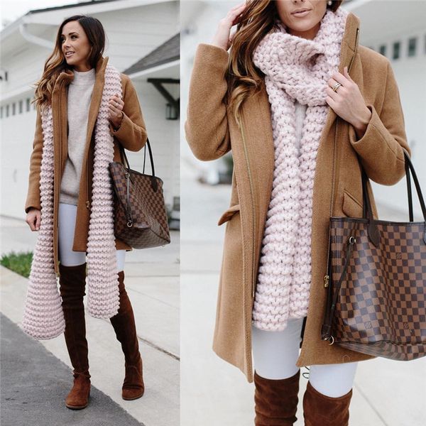

autumn winter zipper woolen coat women casual streetwear long sleeve slim female pink camel-brown turn down collar outwears, Black