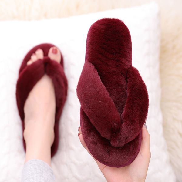 

women winter flip flop home slipper shoes warm furry slippers fuzzy indoor slippers for female fur shoes, Black