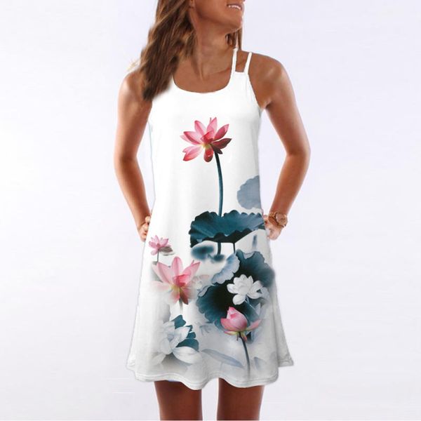 

summer dress women summer vintage sleeveless 3d floral print bohe tank short mini dress fashion chinese painting print, Black;gray
