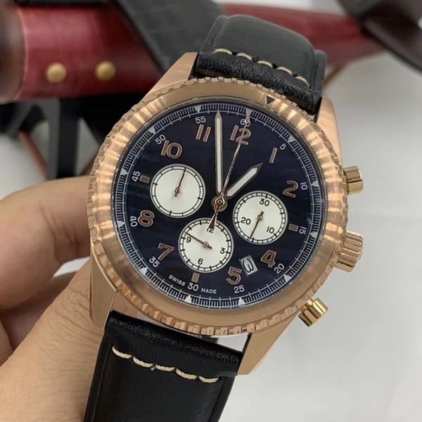 

retro-style contrasting subdials eagle curtiss quartz satch yellow gold case mens watches navitimer 8 b01 watch black dial wristwatches, Slivery;brown