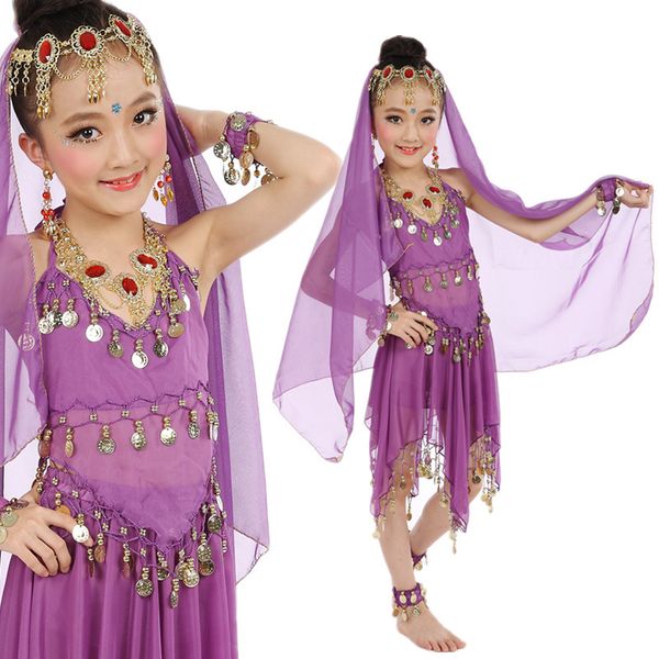 

girls belly dance costume classic sequin bollywood bellydance performance clothes sleeveless children exotic dancewear dc1378, Black;red