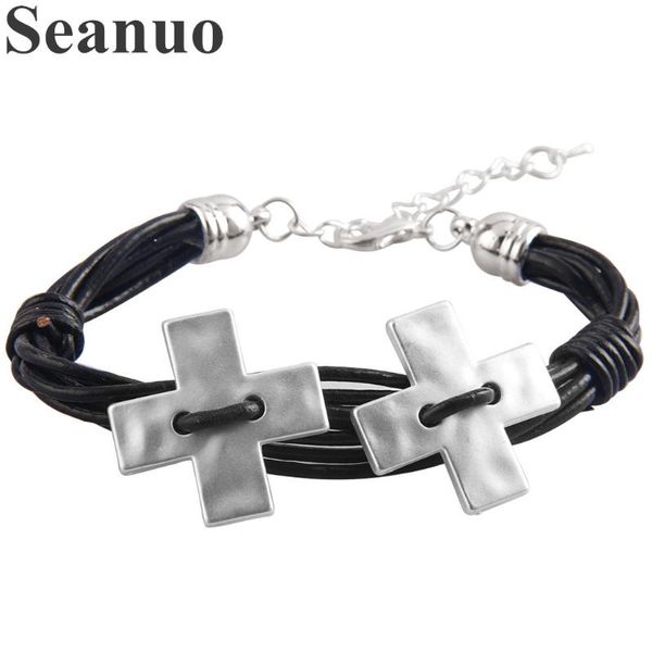 

charm bracelets seanuo punk pu leather linked double cross wristband cuff bangles for men women fashion braided adjustable wrap bangle, Golden;silver